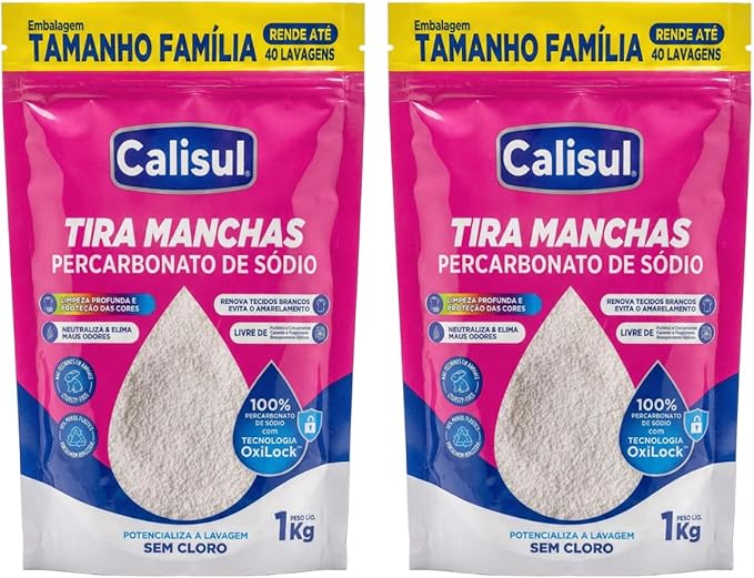 Embalagem de Percarbonato de Sódio sendo usada para limpeza de panos de prato e roupas brancas.